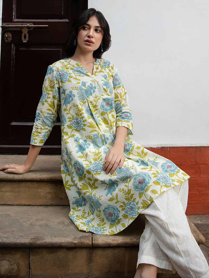 Off White Cotton Floral Regular Tunic  - By Janasya