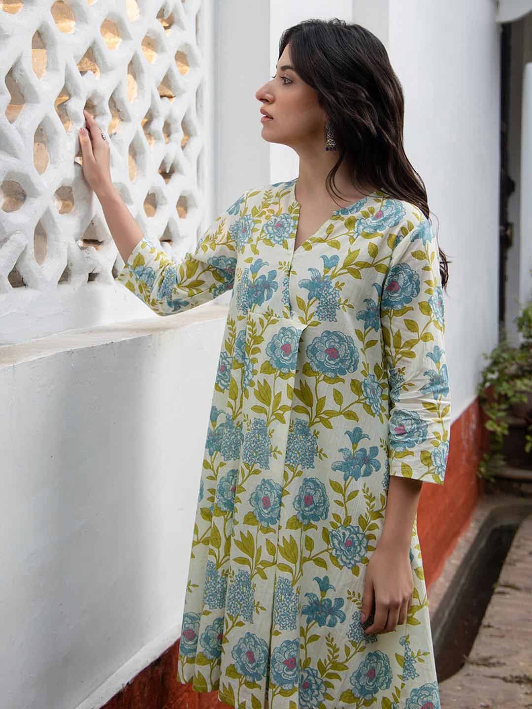 Off White Cotton Floral Regular Tunic  - By Janasya