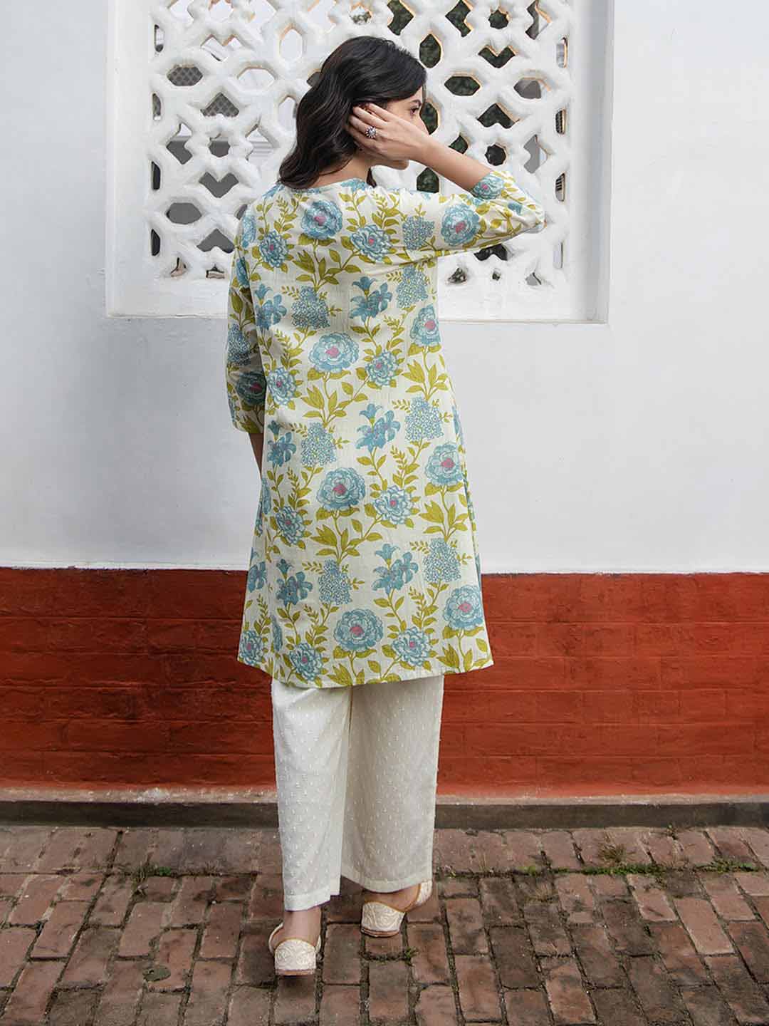 Off White Cotton Floral Regular Tunic  - By Janasya