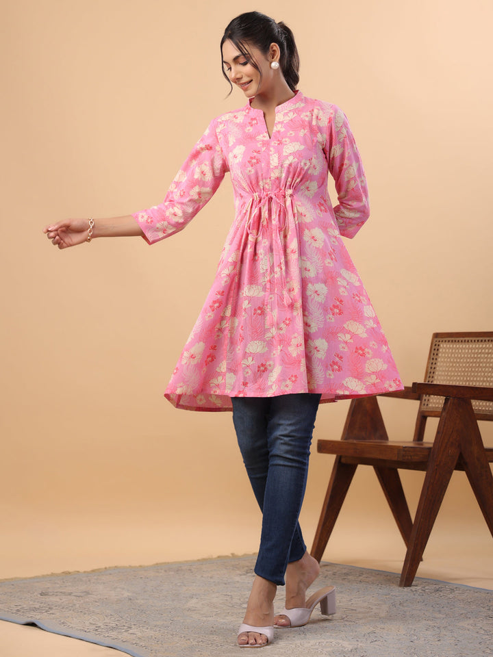 Pink Cotton Floral A-Line Tunic  - By Janasya