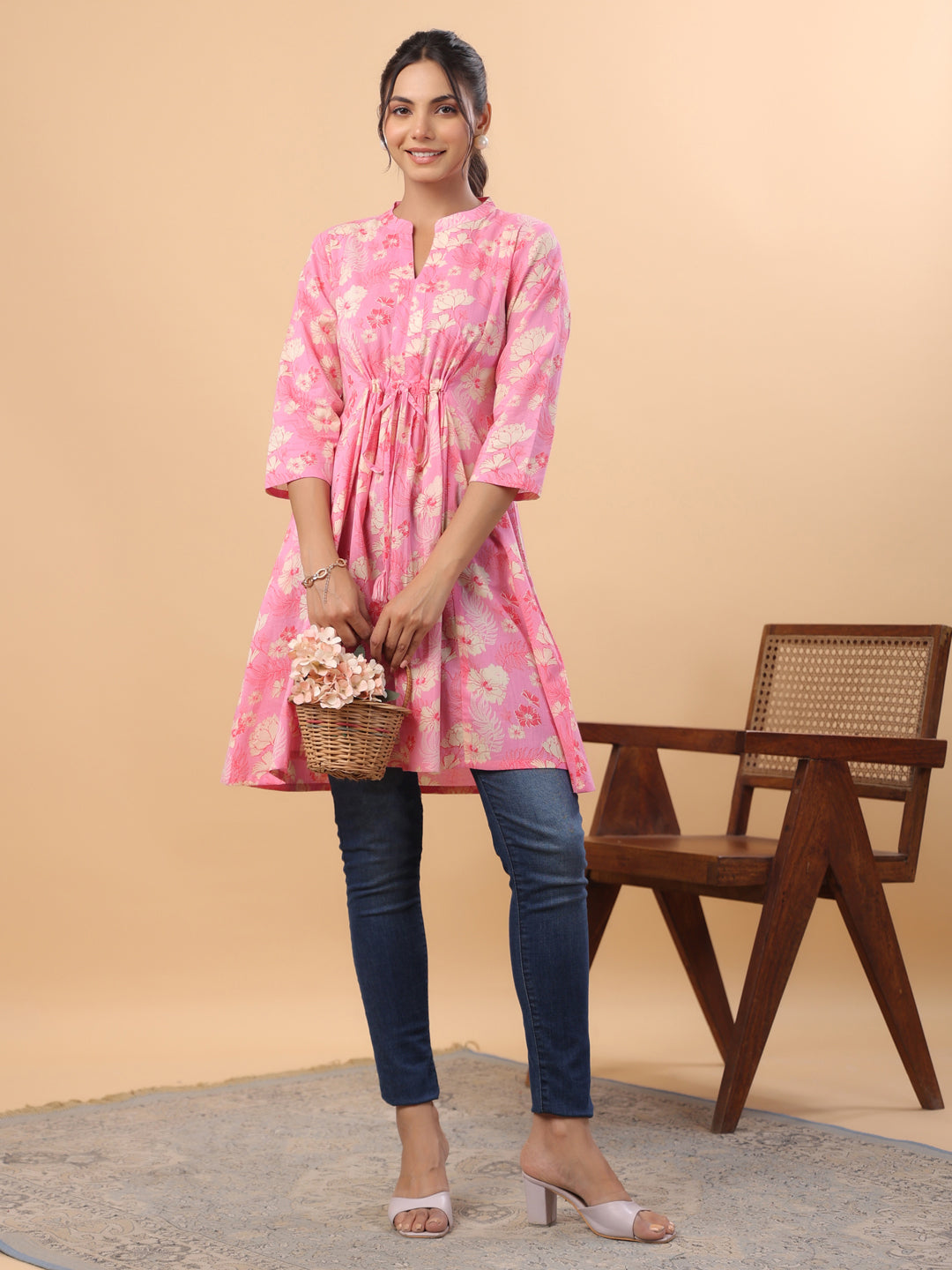 Pink Cotton Floral A-Line Tunic  - By Janasya