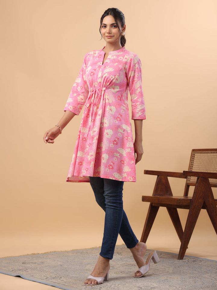 Pink Cotton Floral A-Line Tunic  - By Janasya