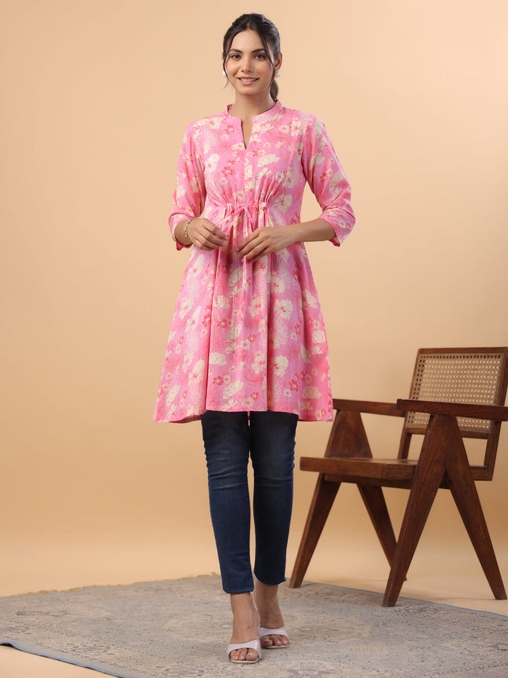 Pink Cotton Floral A-Line Tunic  - By Janasya