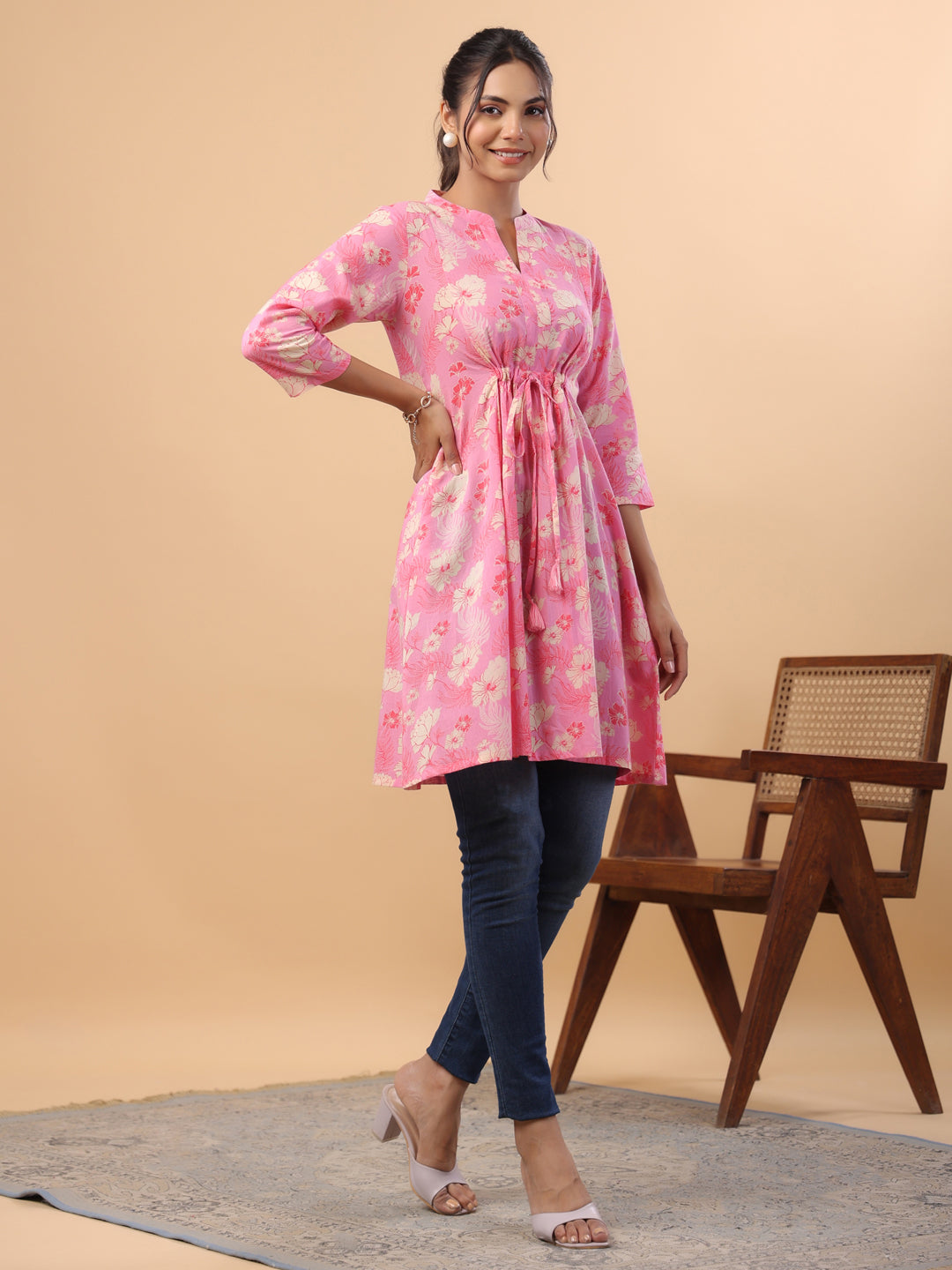 Pink Cotton Floral A-Line Tunic  - By Janasya