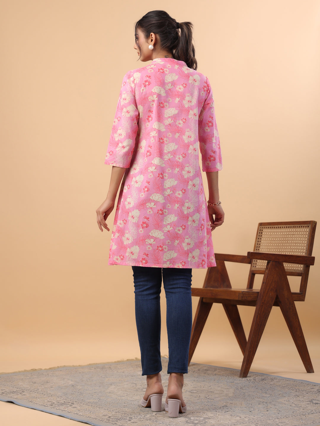 Pink Cotton Floral A-Line Tunic  - By Janasya