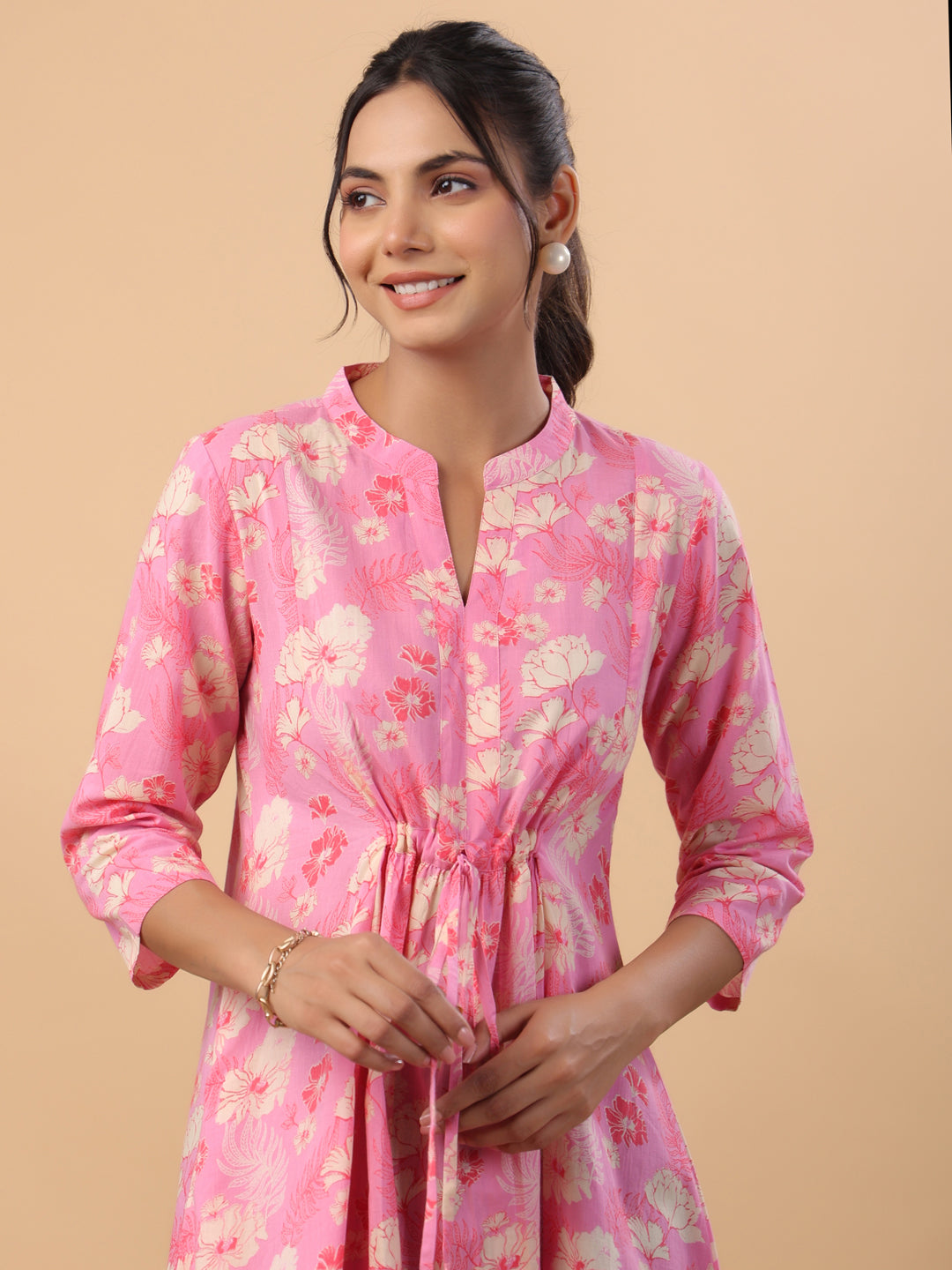 Pink Cotton Floral A-Line Tunic  - By Janasya