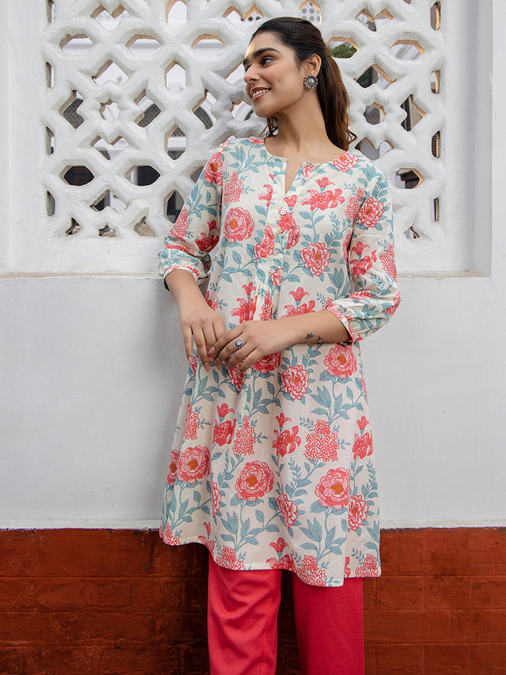 Cream Cotton Floral A-Line Tunic  - By Janasya