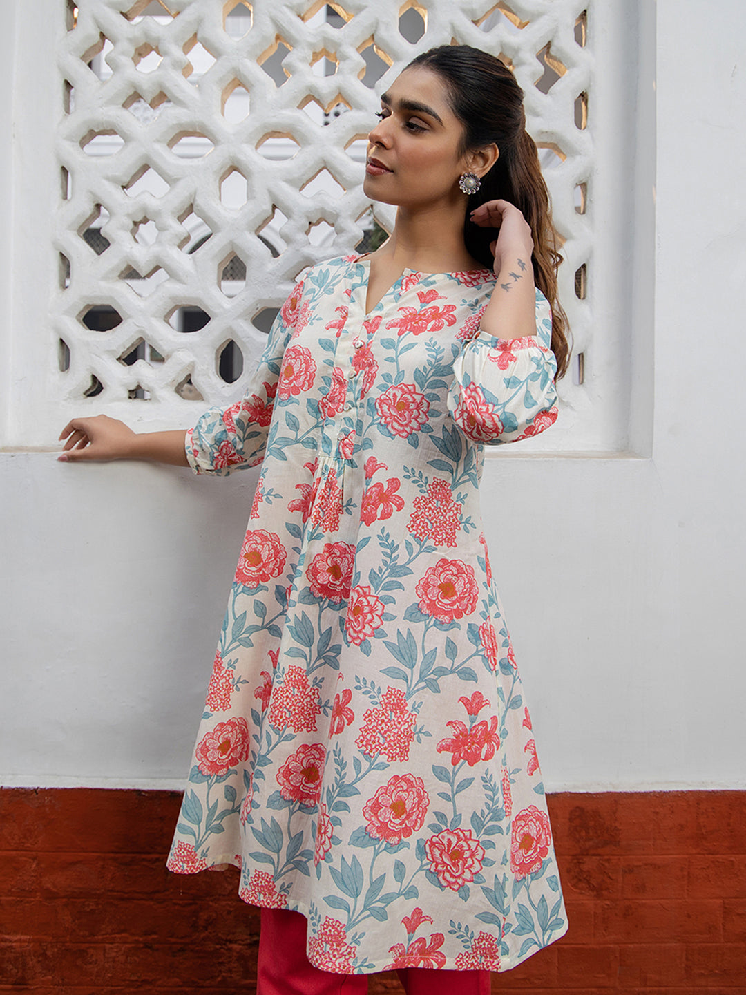 Cream Cotton Floral A-Line Tunic  - By Janasya