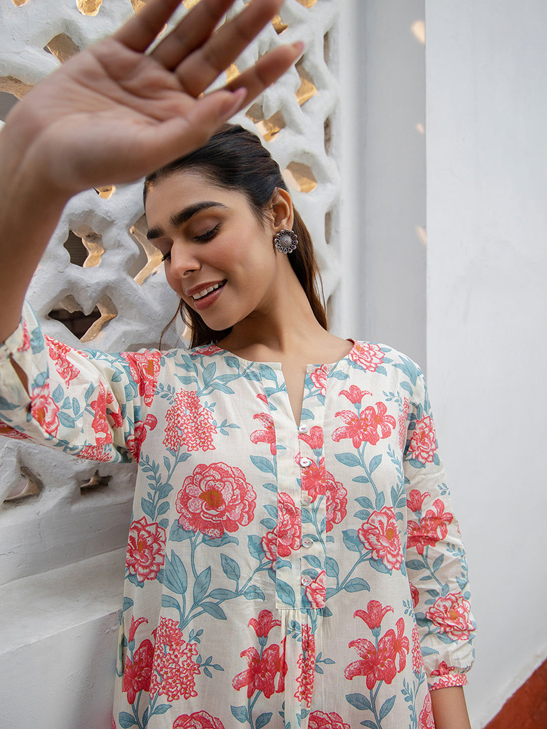 Cream Cotton Floral A-Line Tunic  - By Janasya