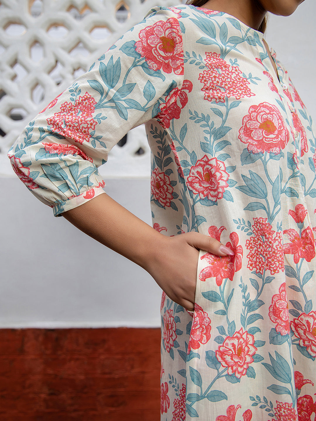 Cream Cotton Floral A-Line Tunic  - By Janasya