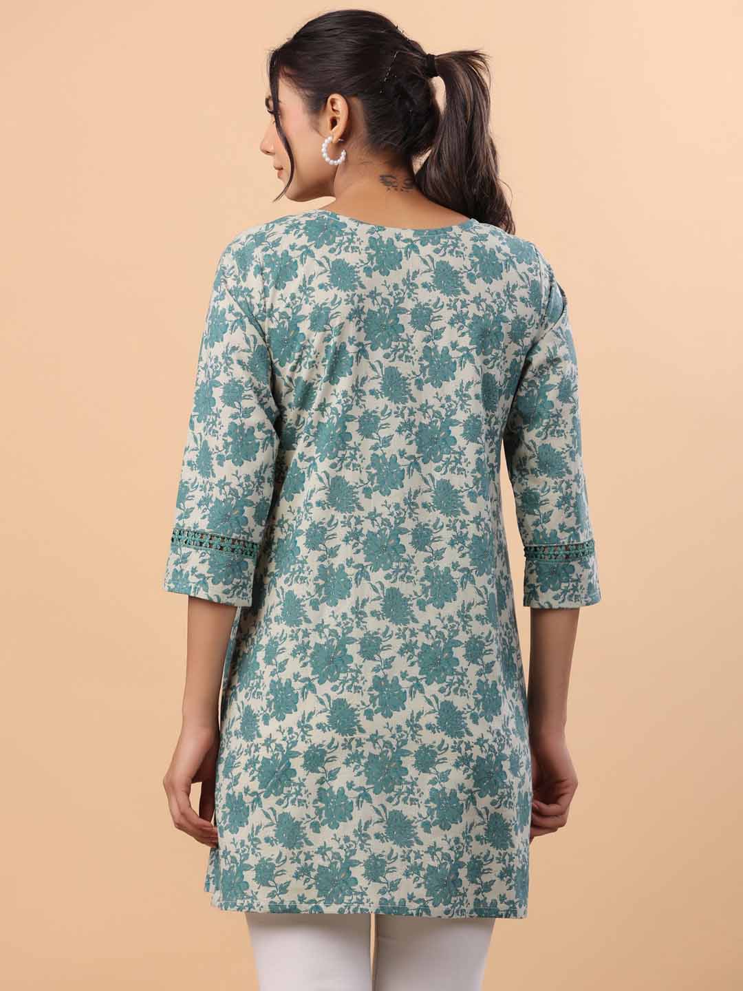 Sage Cotton Floral A-Line Tunic  - By Janasya