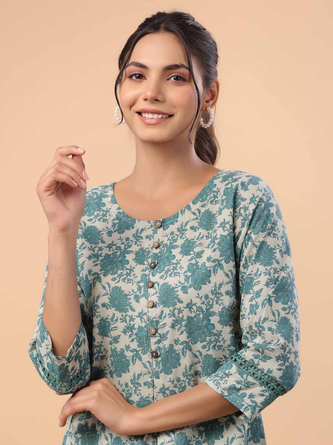 Sage Cotton Floral A-Line Tunic  - By Janasya