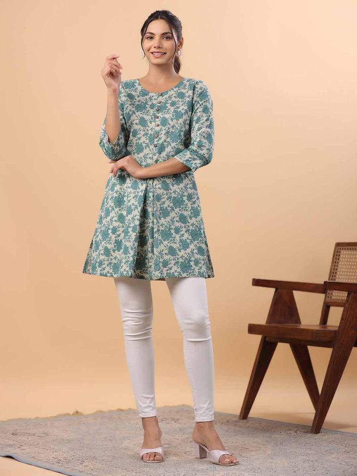 Sage Cotton Floral A-Line Tunic  - By Janasya