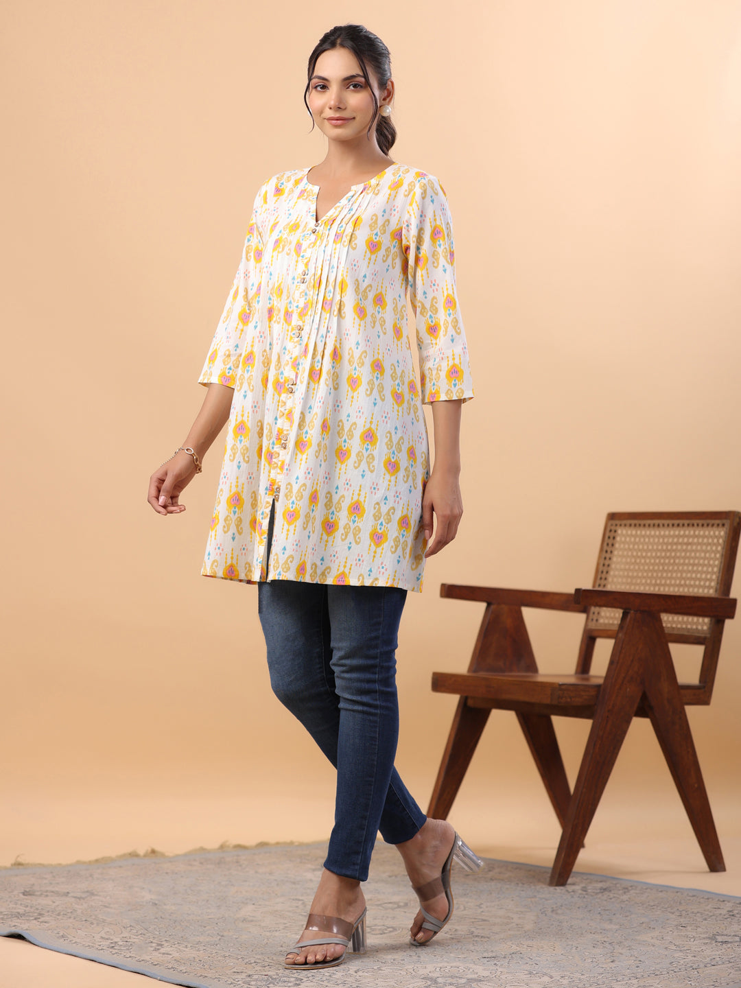 White Cotton Ikkat Pleated Tunic  - By Janasya