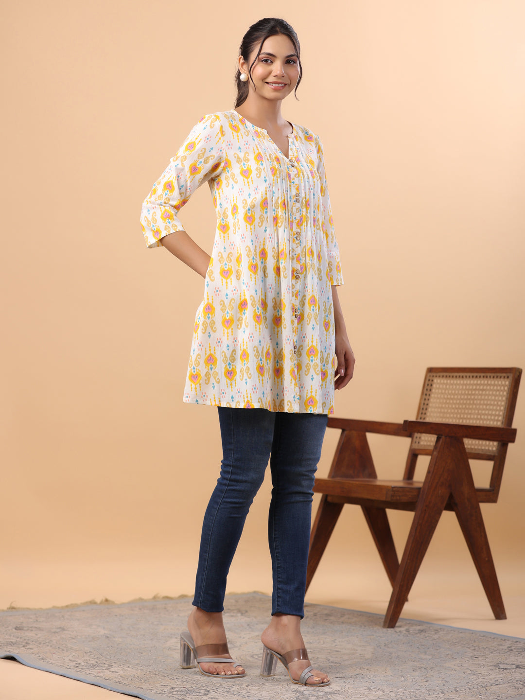 White Cotton Ikkat Pleated Tunic  - By Janasya