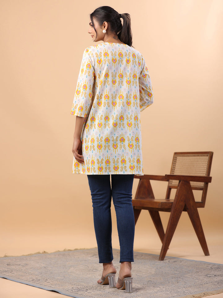 White Cotton Ikkat Pleated Tunic  - By Janasya