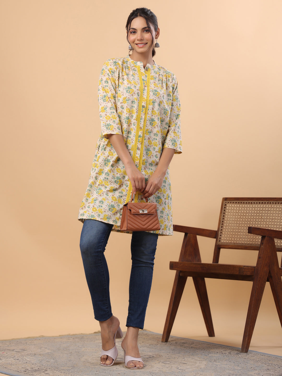 Cream Cotton Floral A-Line Tunic  - By Janasya