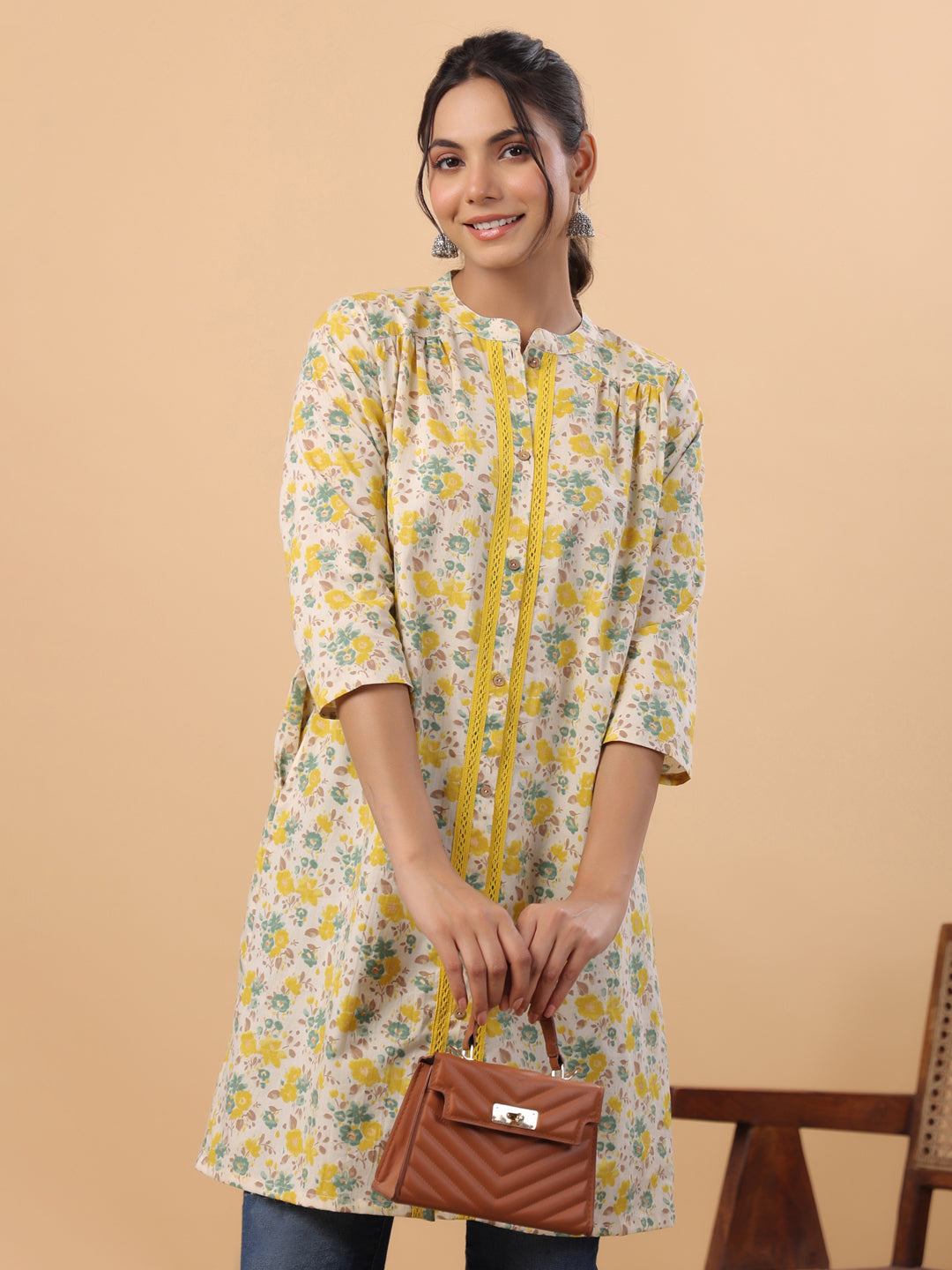 Cream Cotton Floral A-Line Tunic  - By Janasya