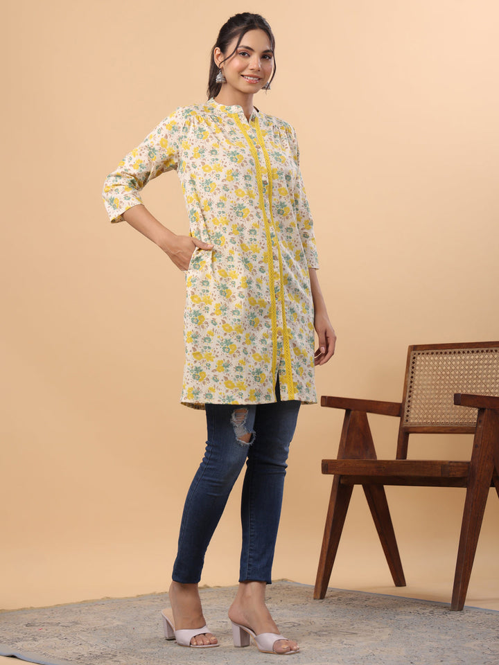 Cream Cotton Floral A-Line Tunic  - By Janasya