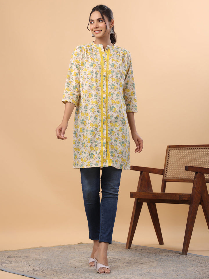 Cream Cotton Floral A-Line Tunic  - By Janasya