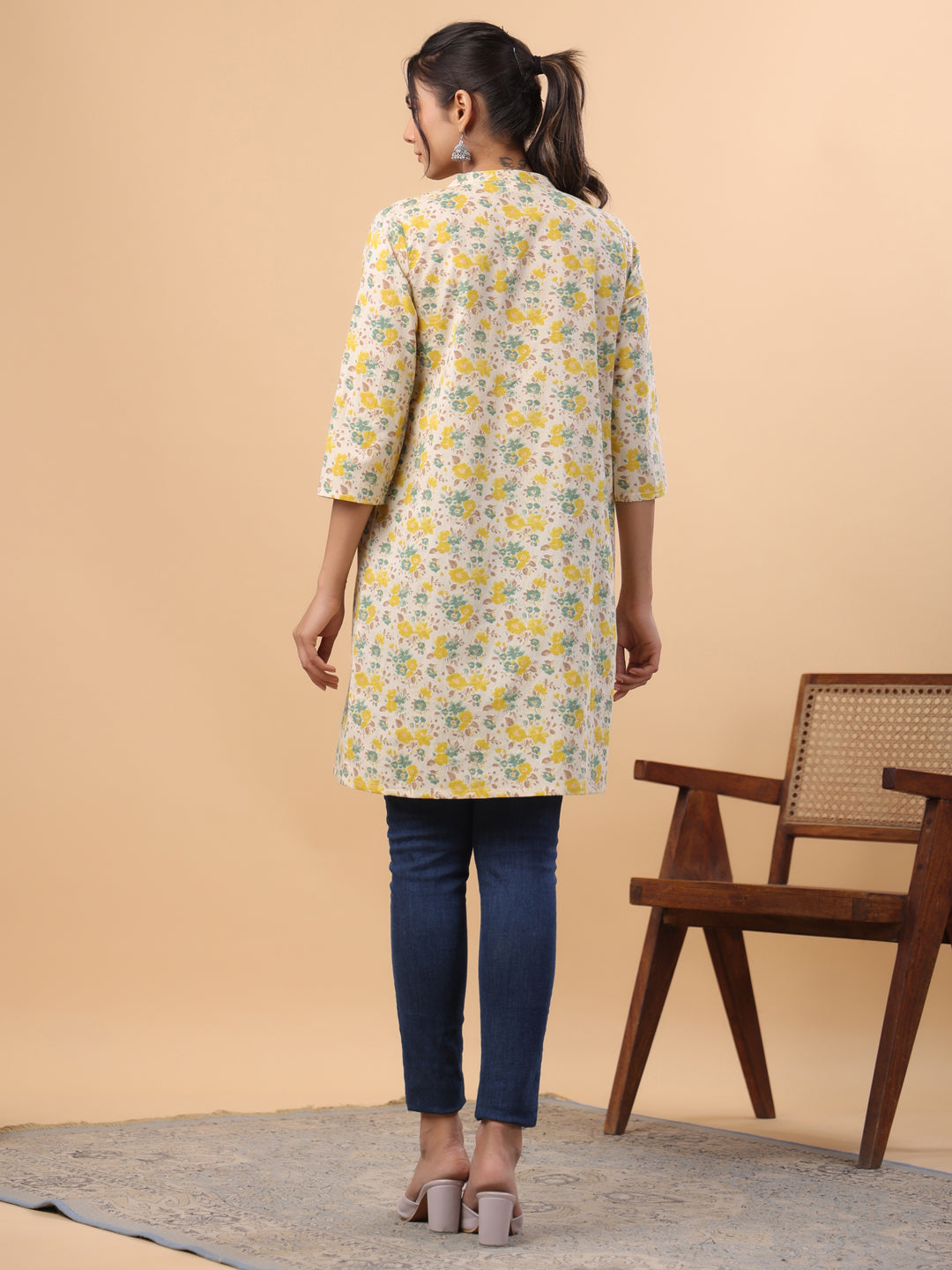 Cream Cotton Floral A-Line Tunic  - By Janasya