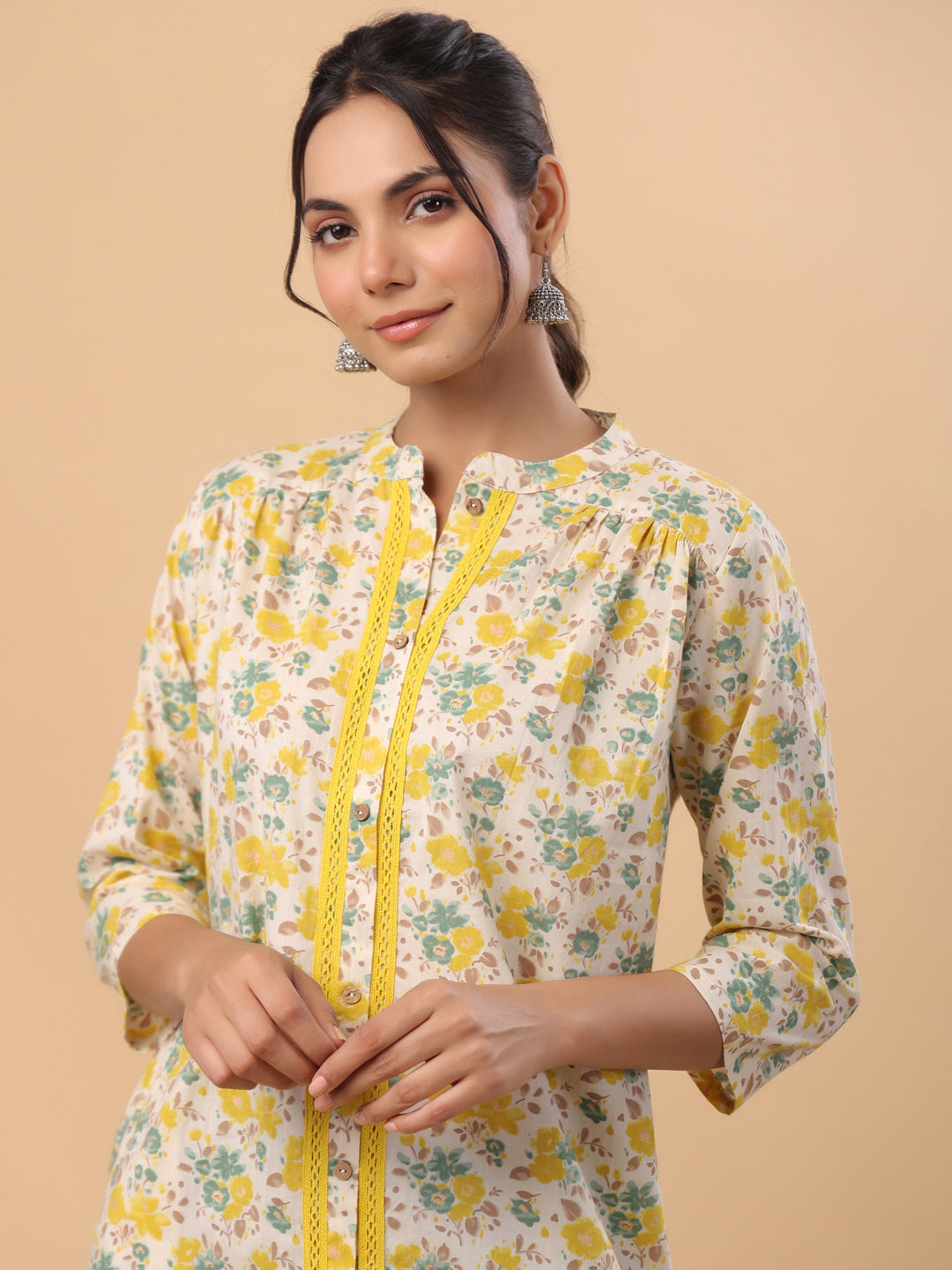 Cream Cotton Floral A-Line Tunic  - By Janasya