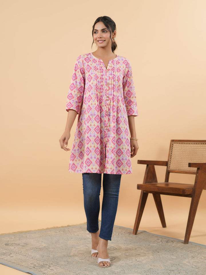 Pink Cotton Ikkat Pleated Tunic  - By Janasya