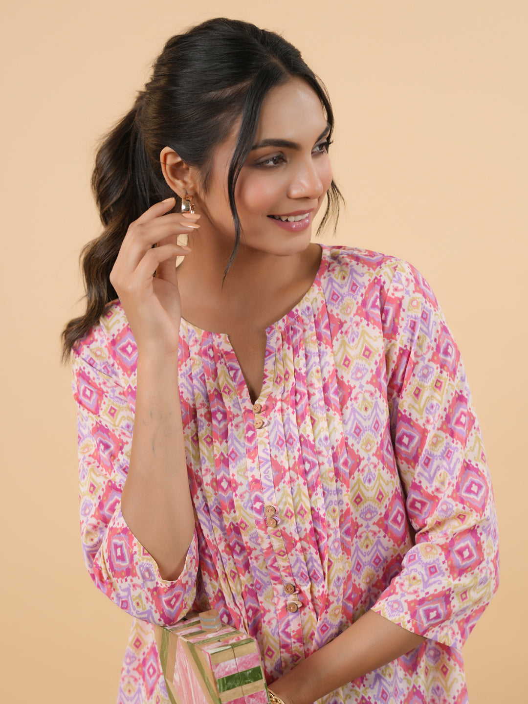 Pink Cotton Ikkat Pleated Tunic  - By Janasya