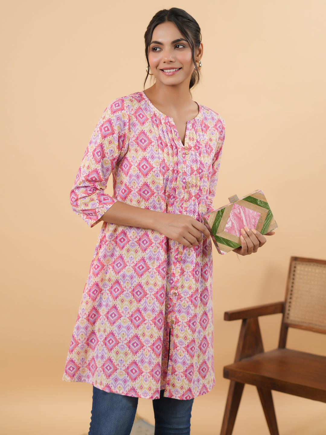 Pink Cotton Ikkat Pleated Tunic  - By Janasya