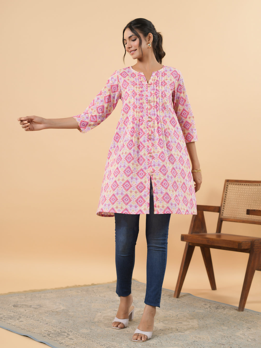 Pink Cotton Ikkat Pleated Tunic  - By Janasya