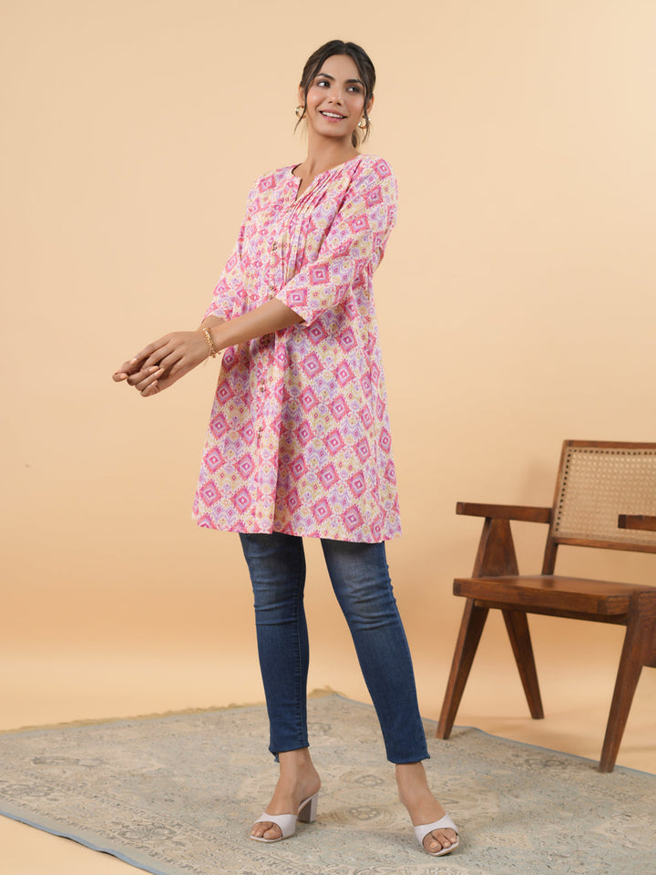 Pink Cotton Ikkat Pleated Tunic  - By Janasya