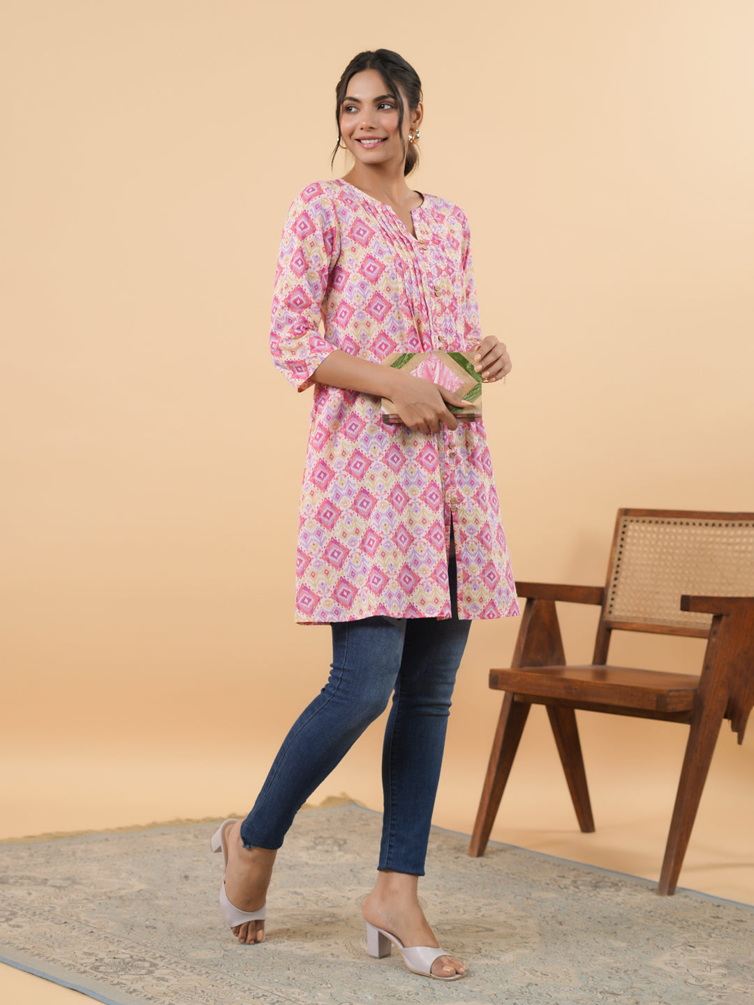 Pink Cotton Ikkat Pleated Tunic  - By Janasya