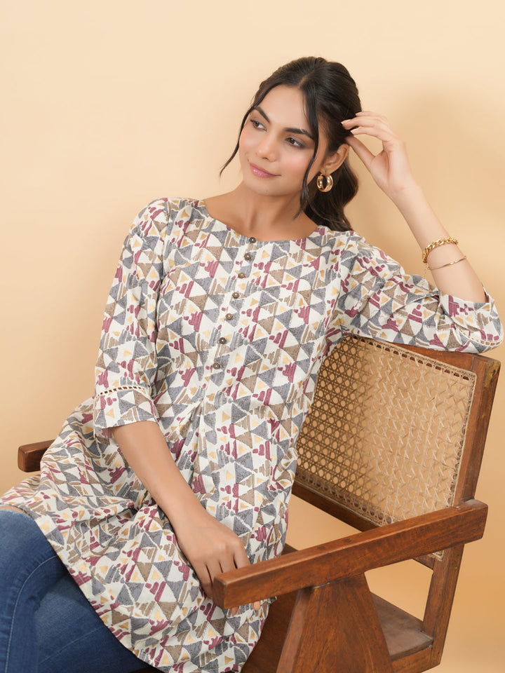 Off White Cotton Geometric Regular Tunic  - By Janasya