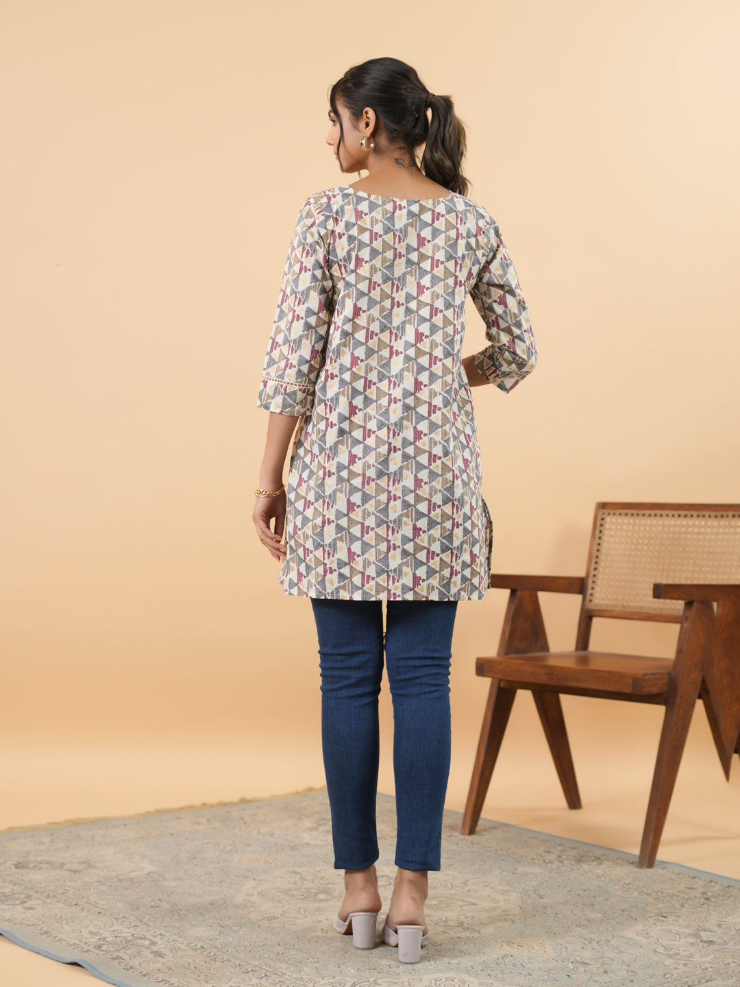 Off White Cotton Geometric Regular Tunic  - By Janasya