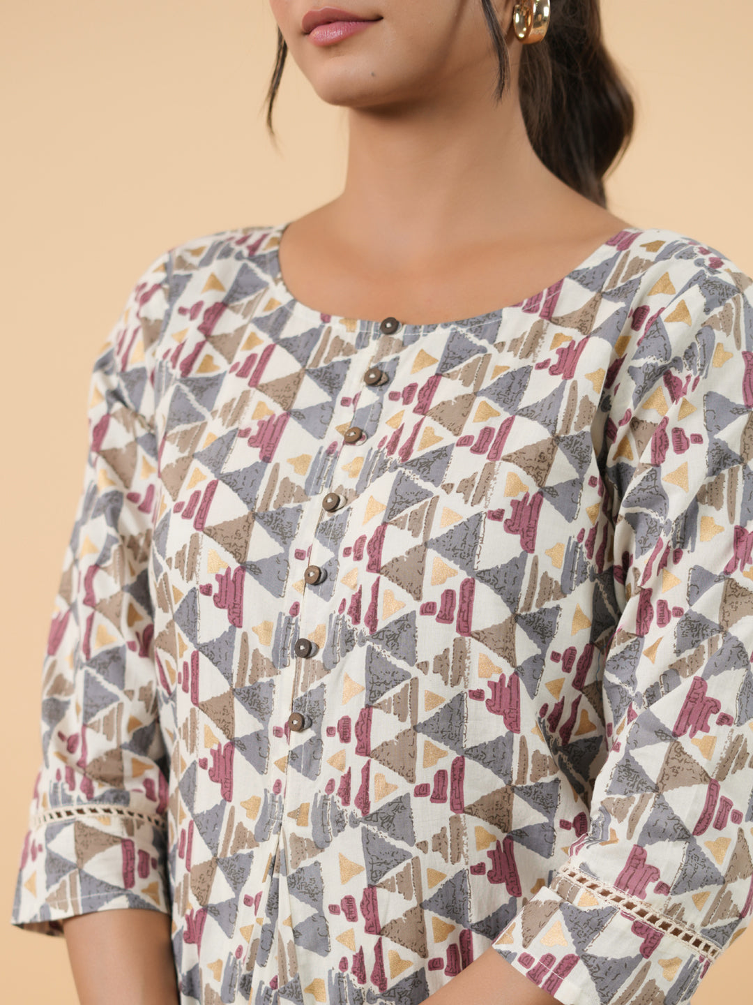 Off White Cotton Geometric Regular Tunic  - By Janasya