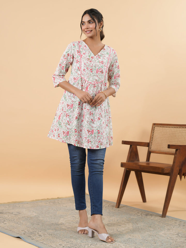 White Cotton Floral A-Line Tunic  - By Janasya