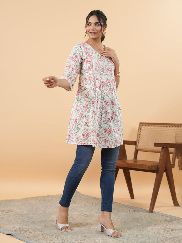 White Cotton Floral A-Line Tunic  - By Janasya