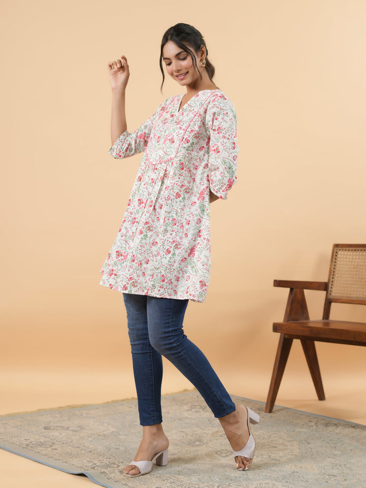 White Cotton Floral A-Line Tunic  - By Janasya