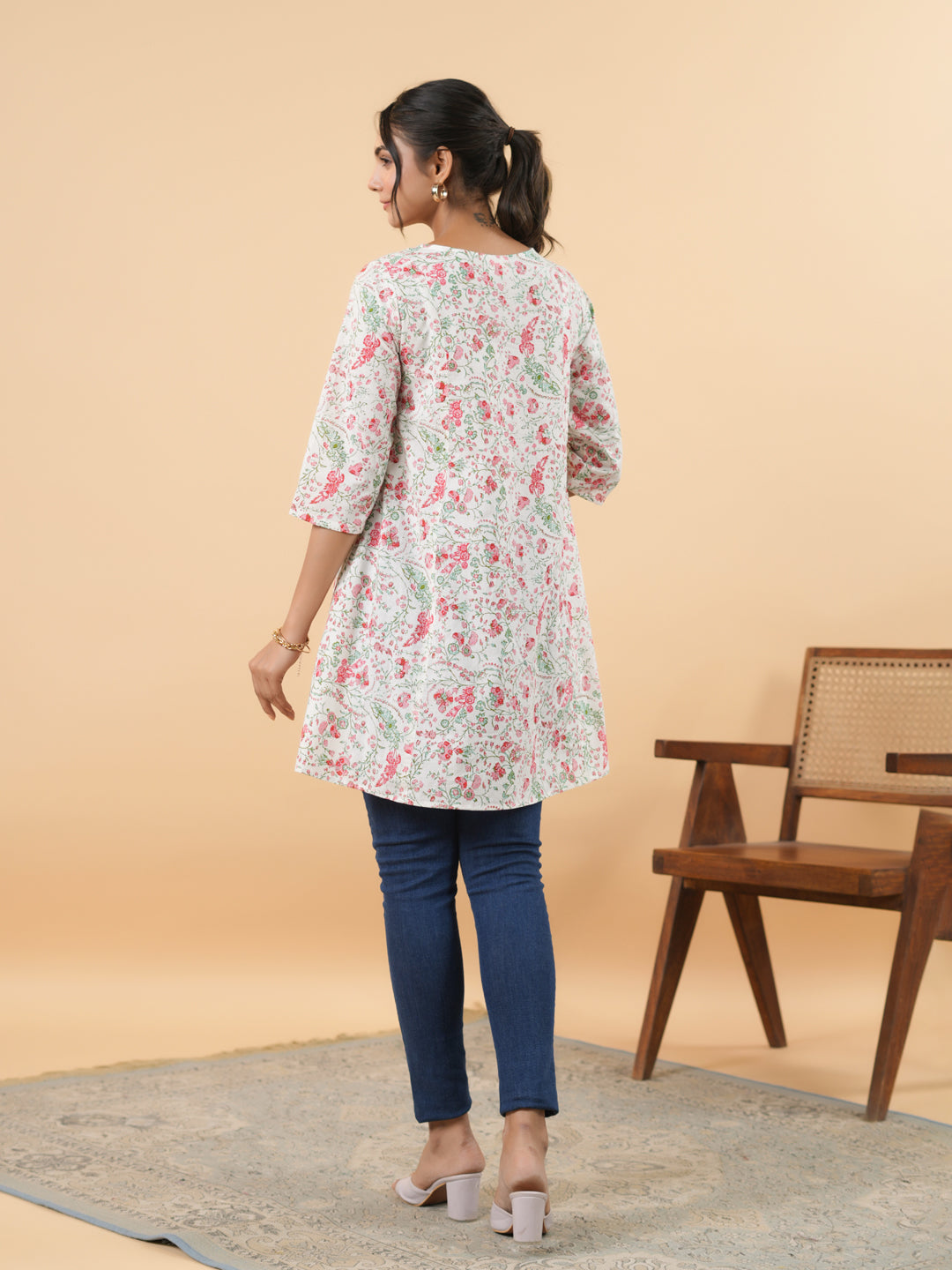 White Cotton Floral A-Line Tunic  - By Janasya