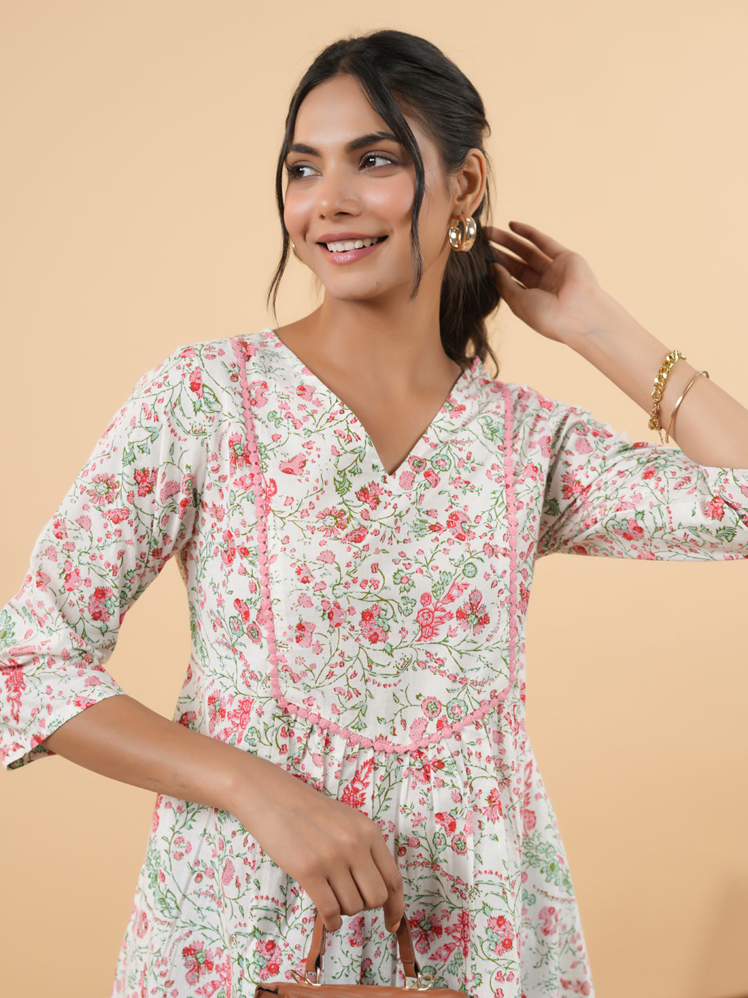 White Cotton Floral A-Line Tunic  - By Janasya