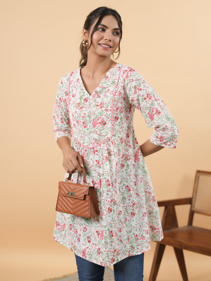 White Cotton Floral A-Line Tunic  - By Janasya