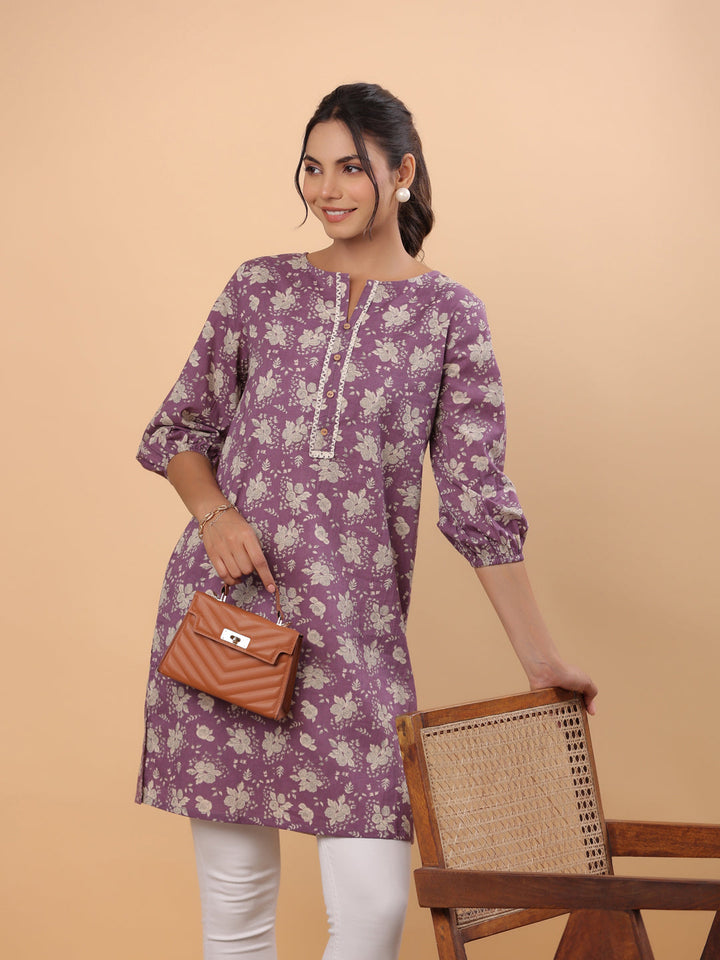 Purple Cotton Floral Regular Tunic  - By Janasya