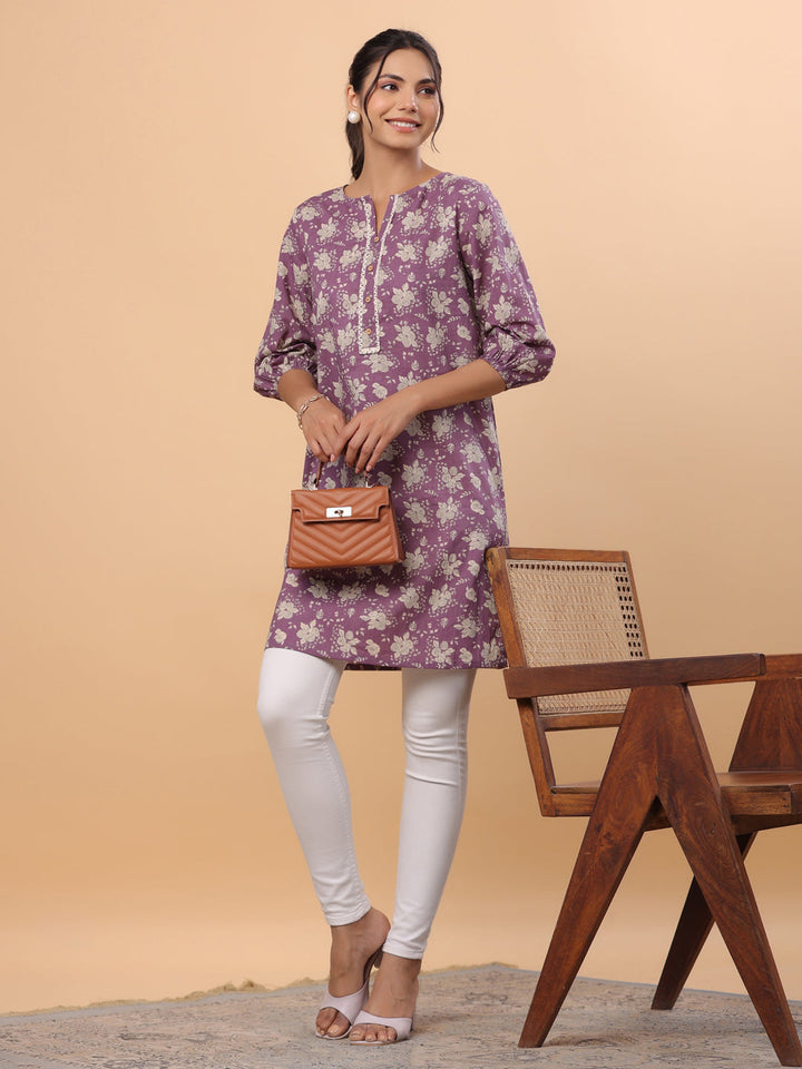 Purple Cotton Floral Regular Tunic  - By Janasya