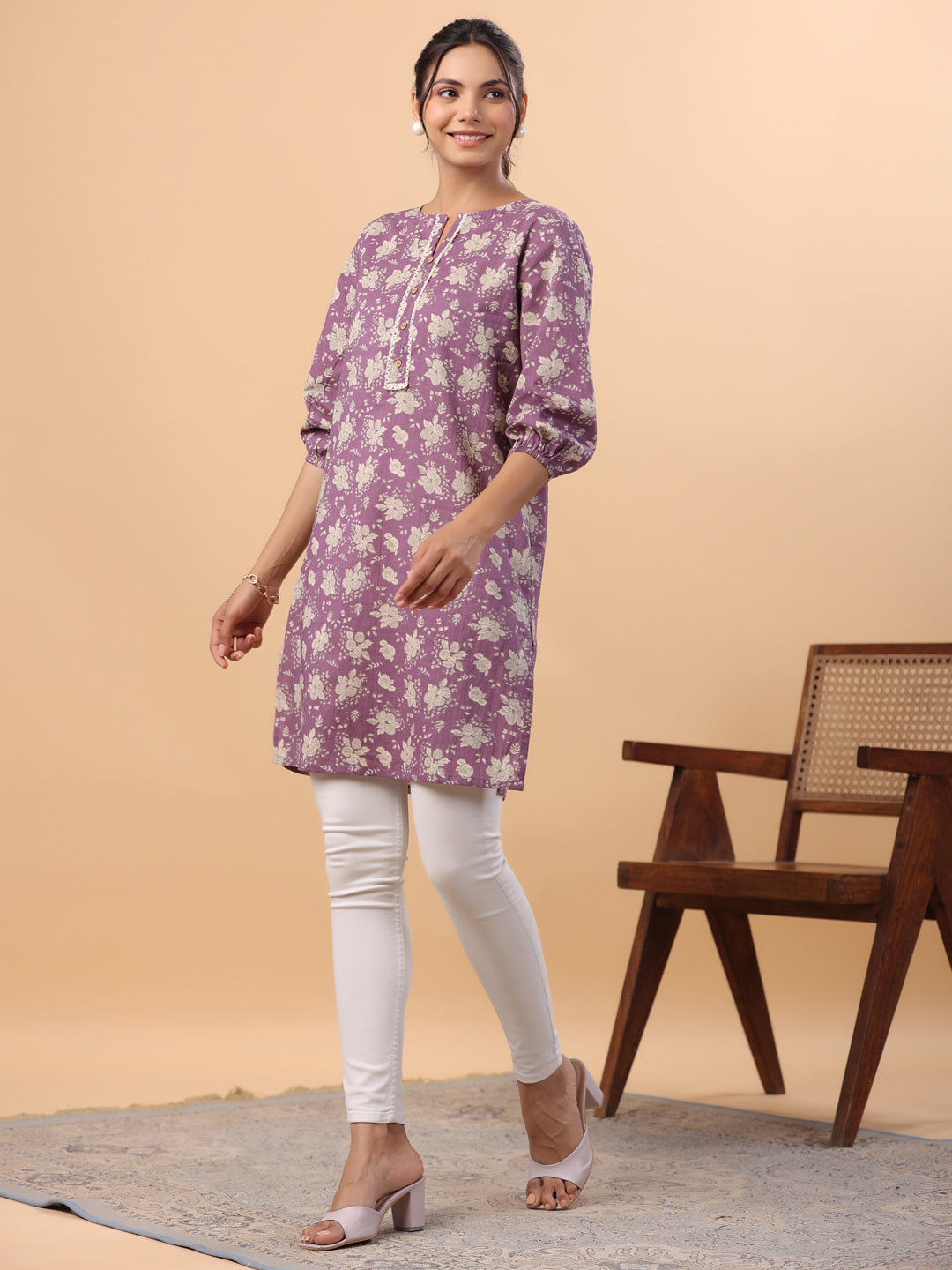 Purple Cotton Floral Regular Tunic  - By Janasya