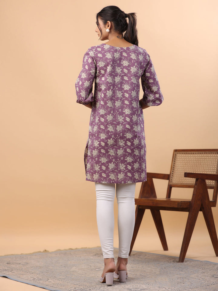 Purple Cotton Floral Regular Tunic  - By Janasya