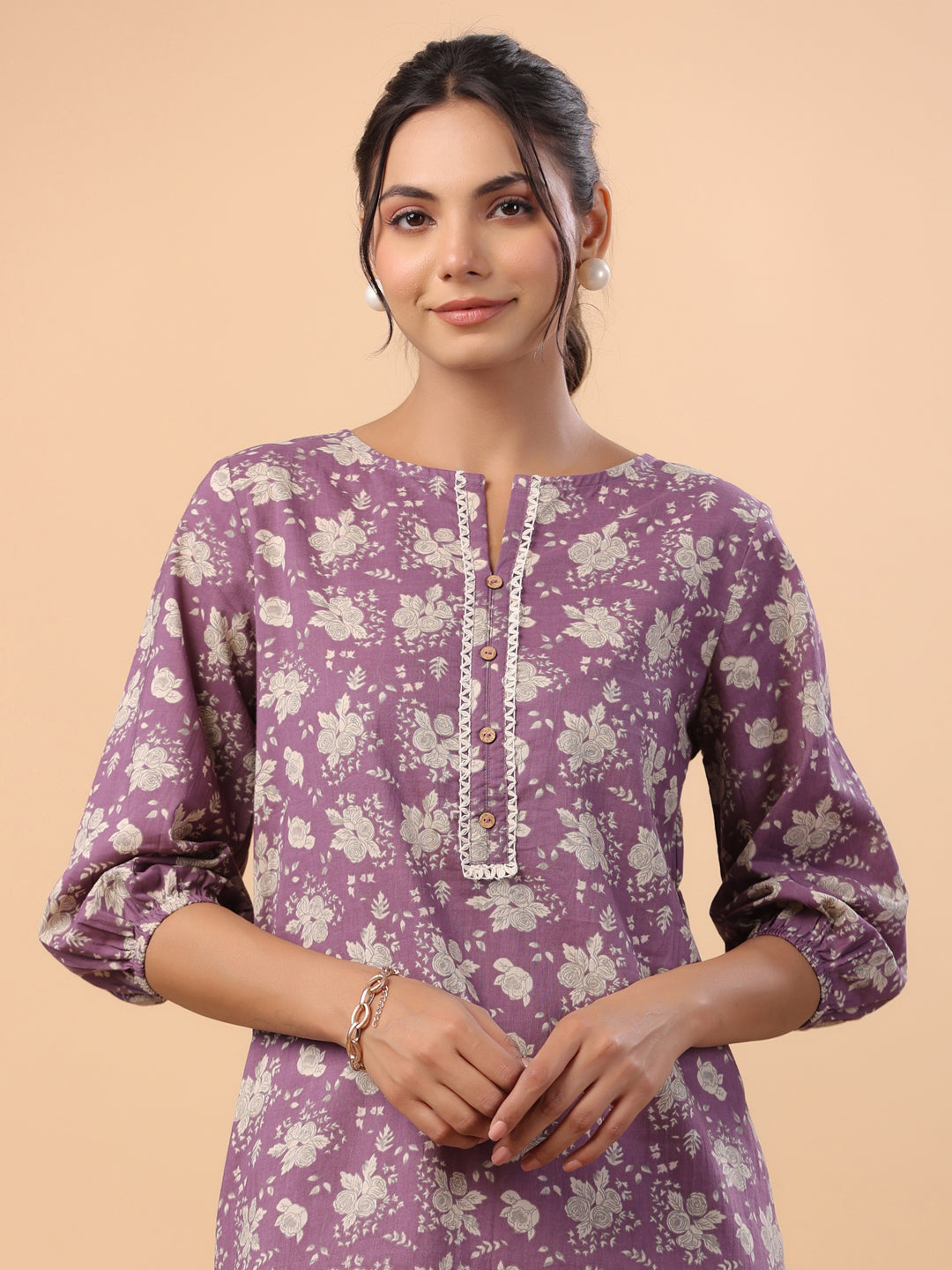 Purple Cotton Floral Tunic  - By Janasya