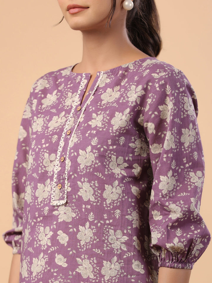 Purple Cotton Floral Regular Tunic  - By Janasya