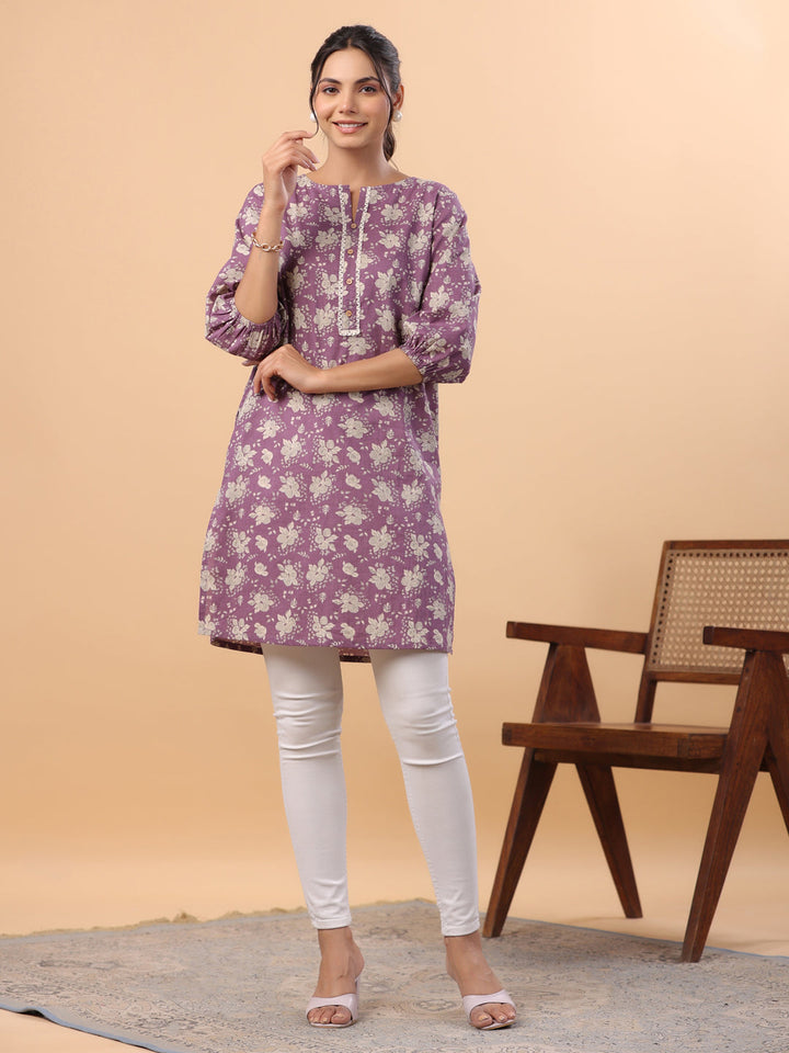 Purple Cotton Floral Regular Tunic  - By Janasya