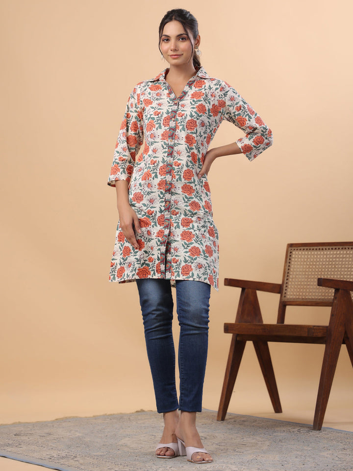 Cream Cotton Floral A-Line Tunic  - By Janasya