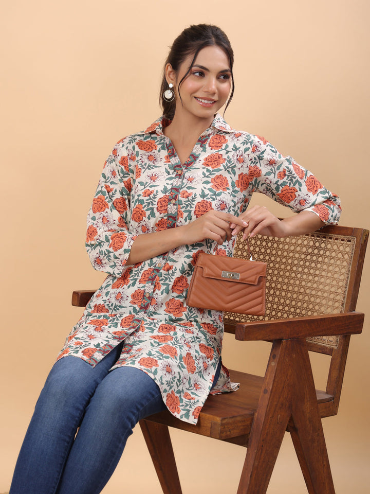 Cream Cotton Floral A-Line Tunic  - By Janasya